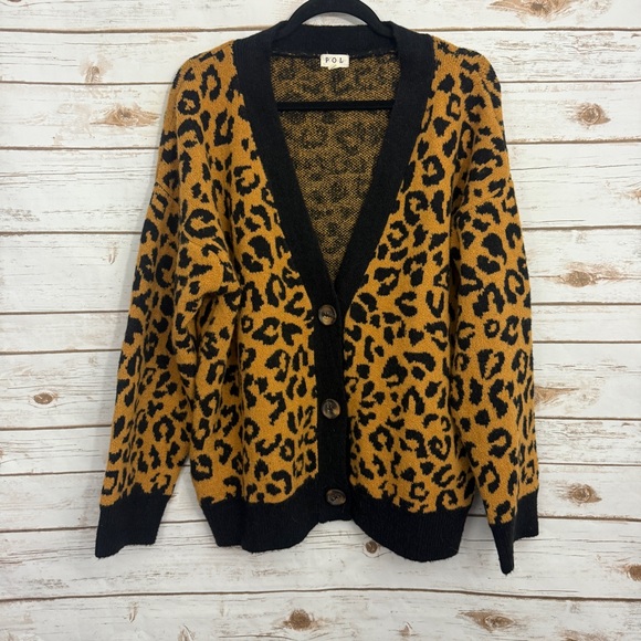 POL Sweaters - POL Black Brown Animal Print Chunky Cardigan Sweater